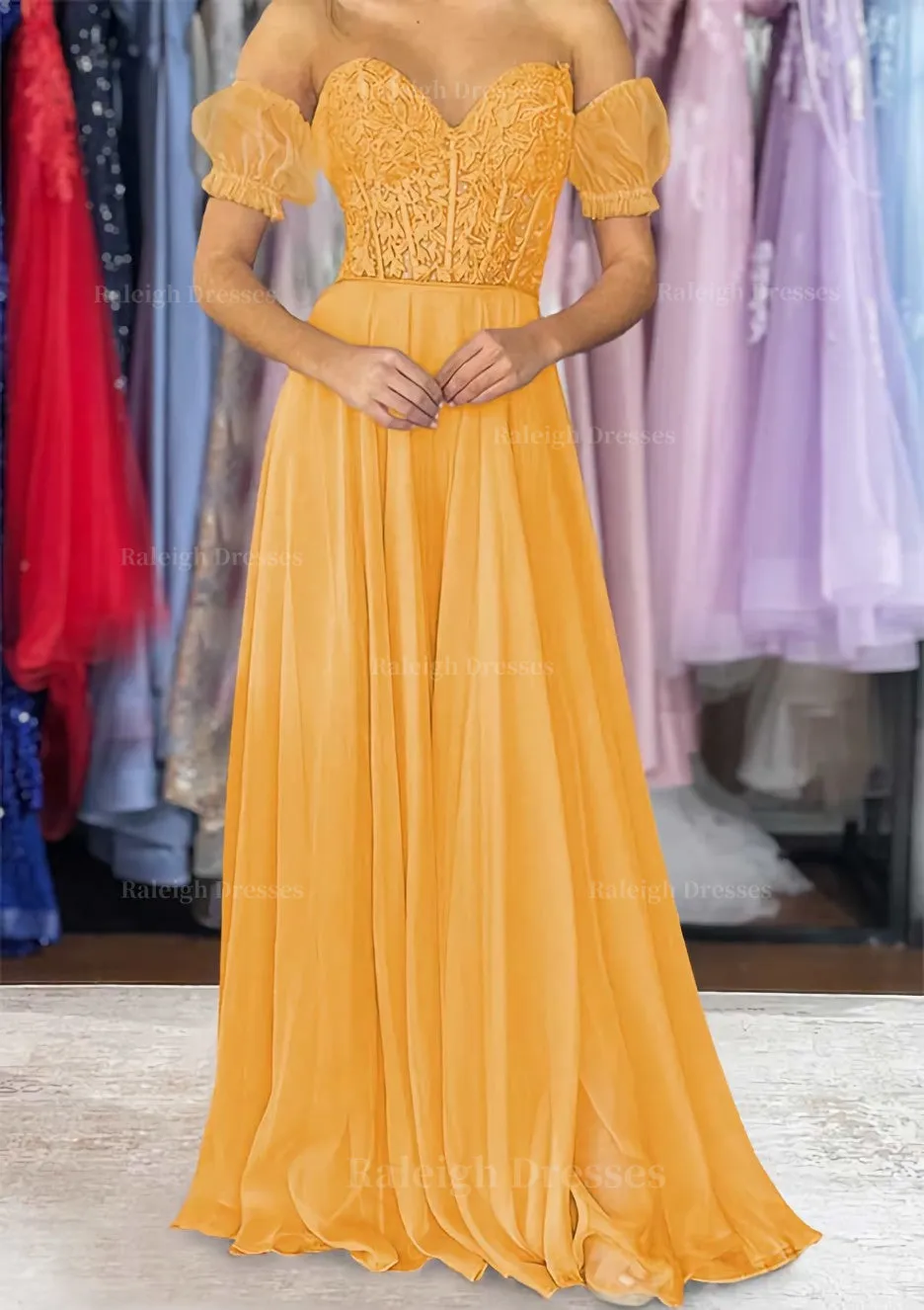 A-line Sweetheart Strapless Long/Floor-Length Chiffon Prom Dress with Detachable Balloon Sleeves