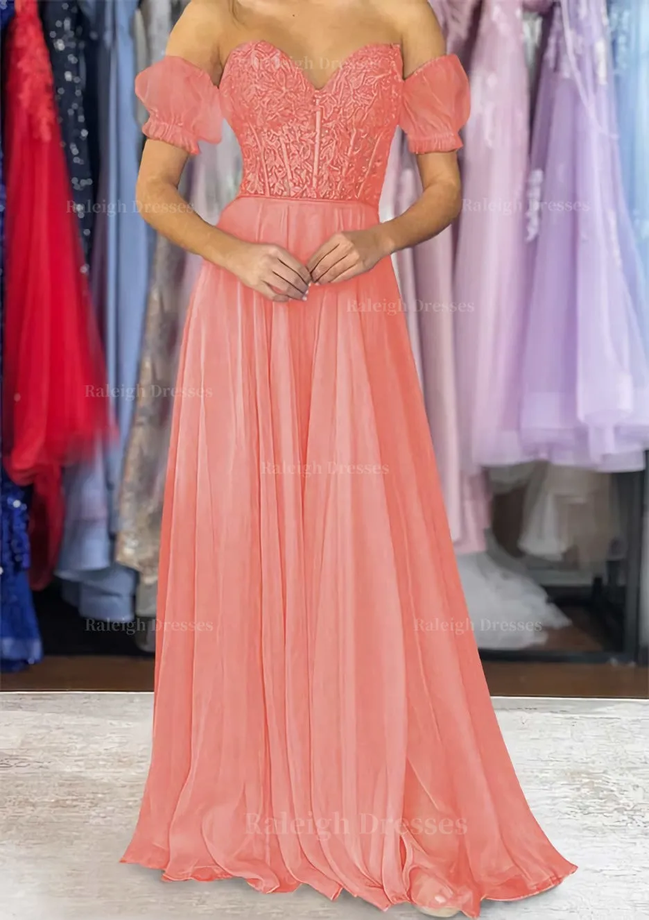 A-line Sweetheart Strapless Long/Floor-Length Chiffon Prom Dress with Detachable Balloon Sleeves