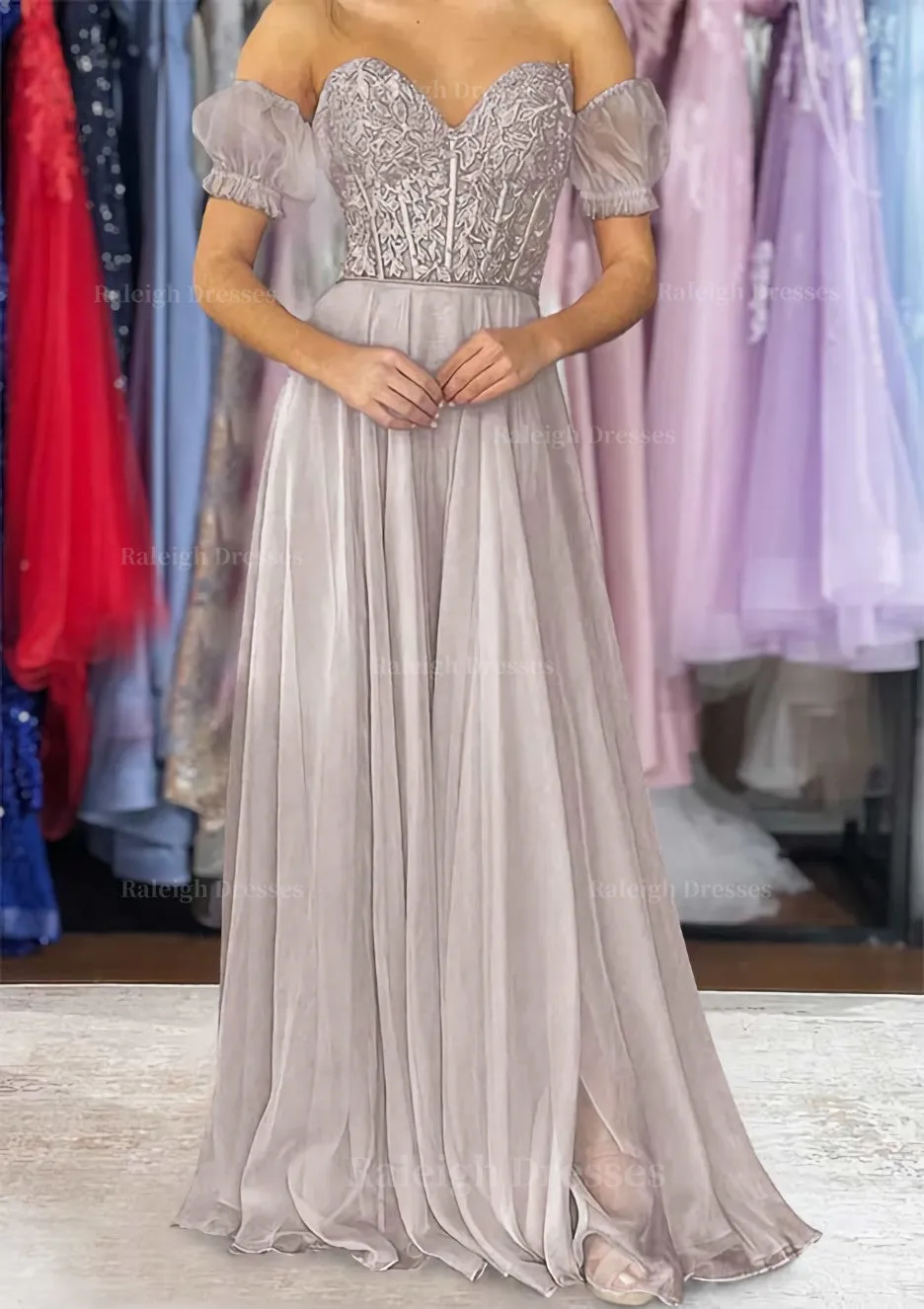 A-line Sweetheart Strapless Long/Floor-Length Chiffon Prom Dress with Detachable Balloon Sleeves