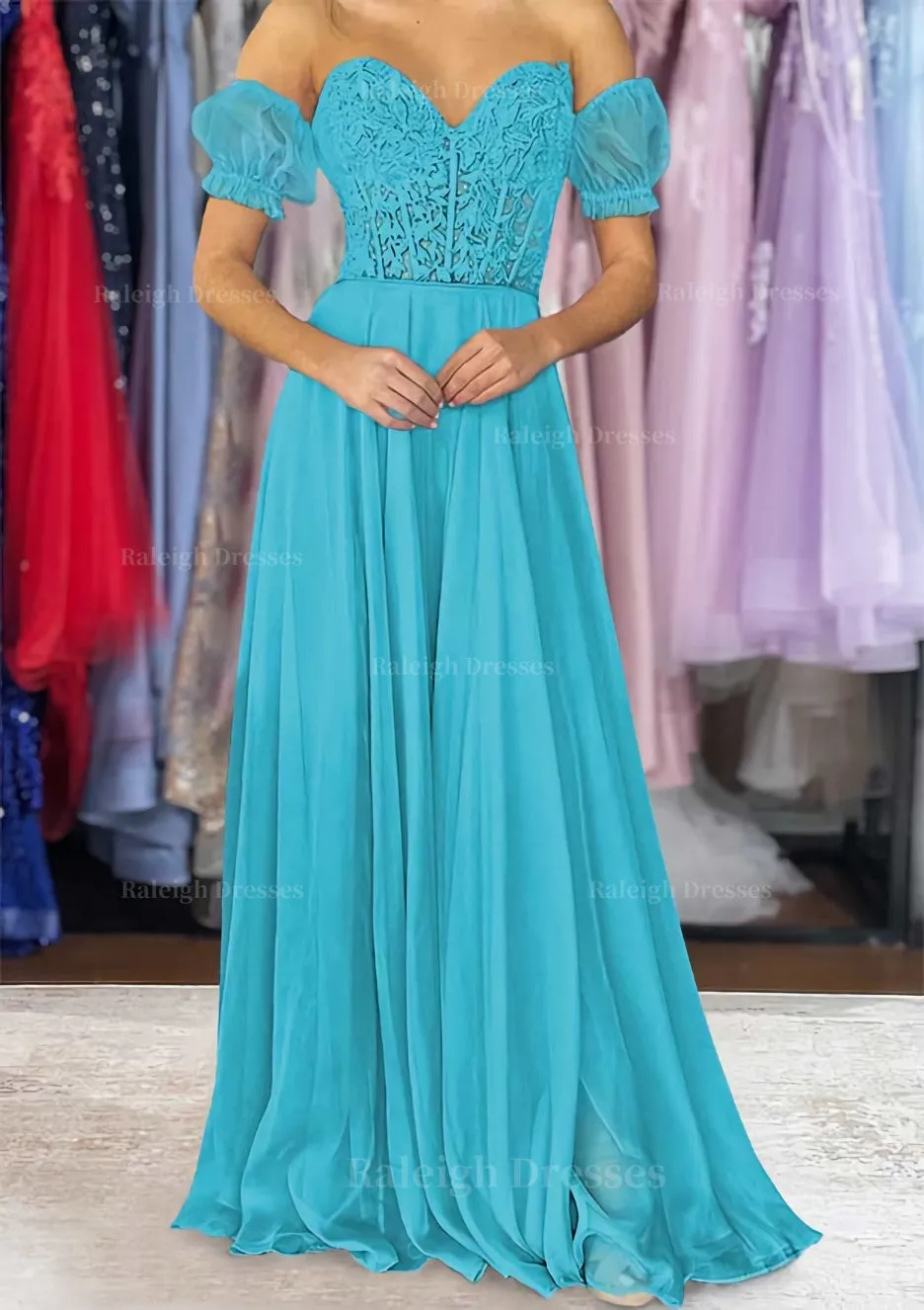 A-line Sweetheart Strapless Long/Floor-Length Chiffon Prom Dress with Detachable Balloon Sleeves