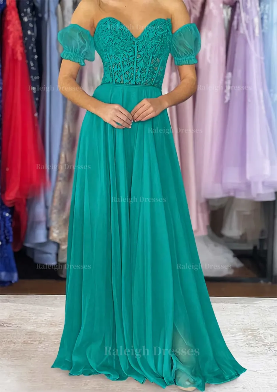 A-line Sweetheart Strapless Long/Floor-Length Chiffon Prom Dress with Detachable Balloon Sleeves