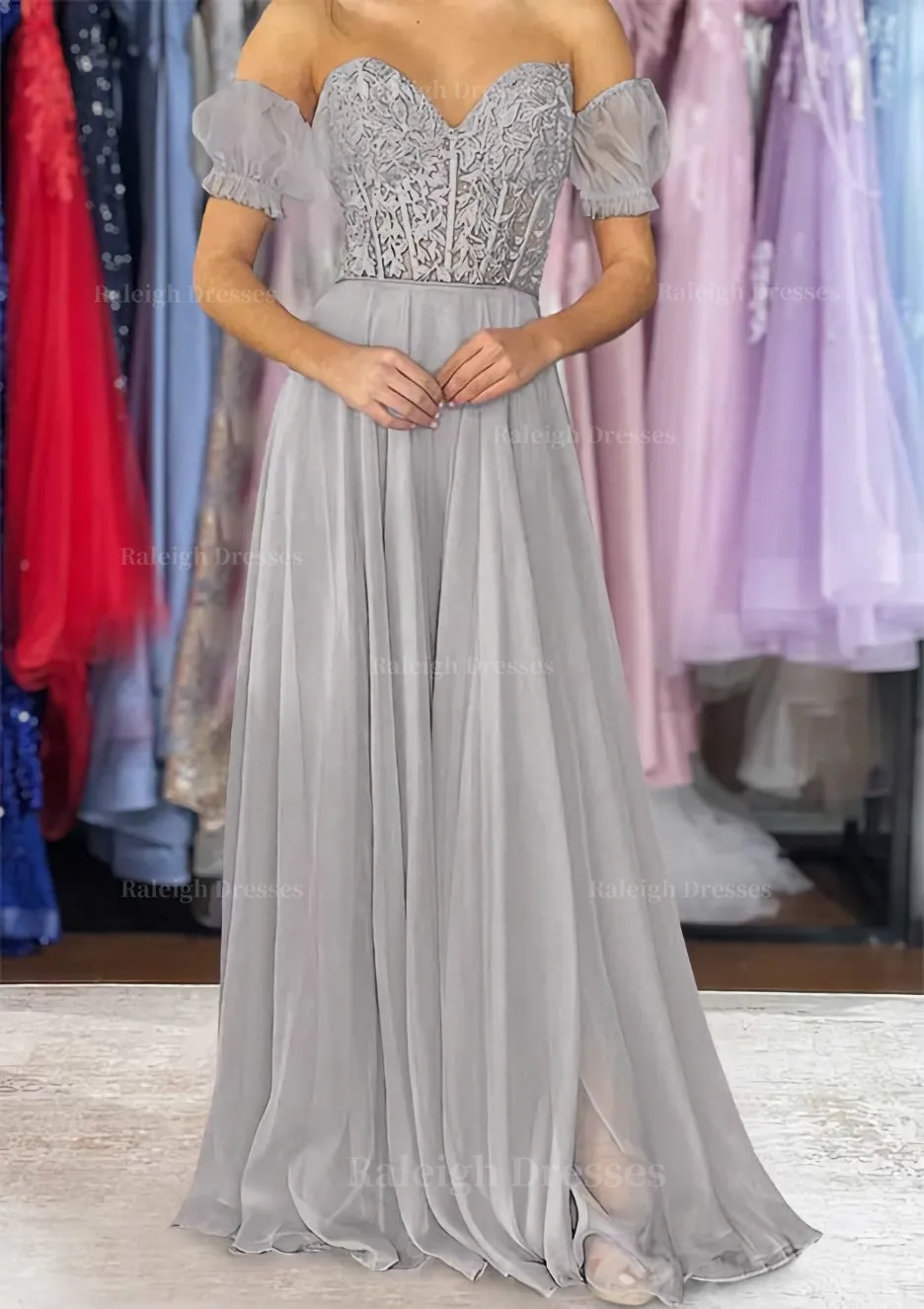 A-line Sweetheart Strapless Long/Floor-Length Chiffon Prom Dress with Detachable Balloon Sleeves