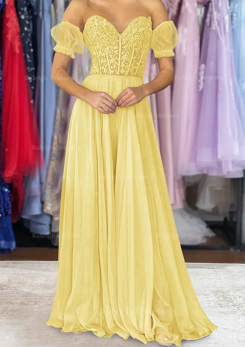 A-line Sweetheart Strapless Long/Floor-Length Chiffon Prom Dress with Detachable Balloon Sleeves