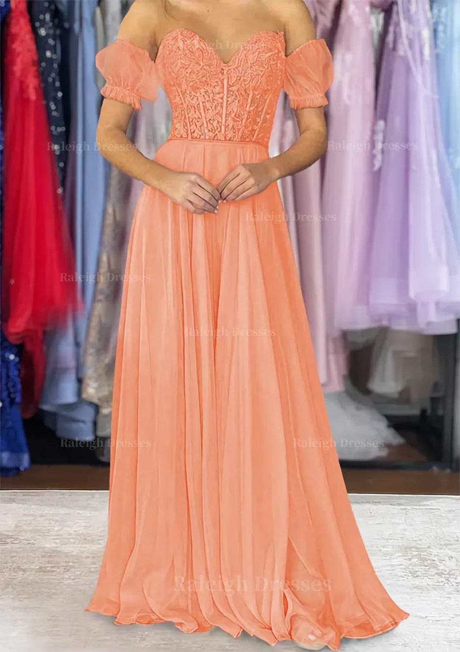 A-line Sweetheart Strapless Long/Floor-Length Chiffon Prom Dress with Detachable Balloon Sleeves