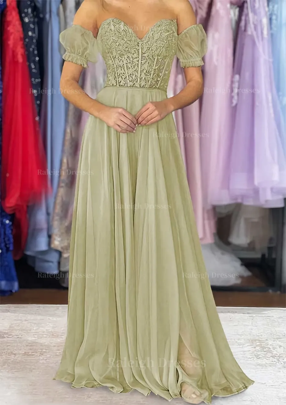 A-line Sweetheart Strapless Long/Floor-Length Chiffon Prom Dress with Detachable Balloon Sleeves