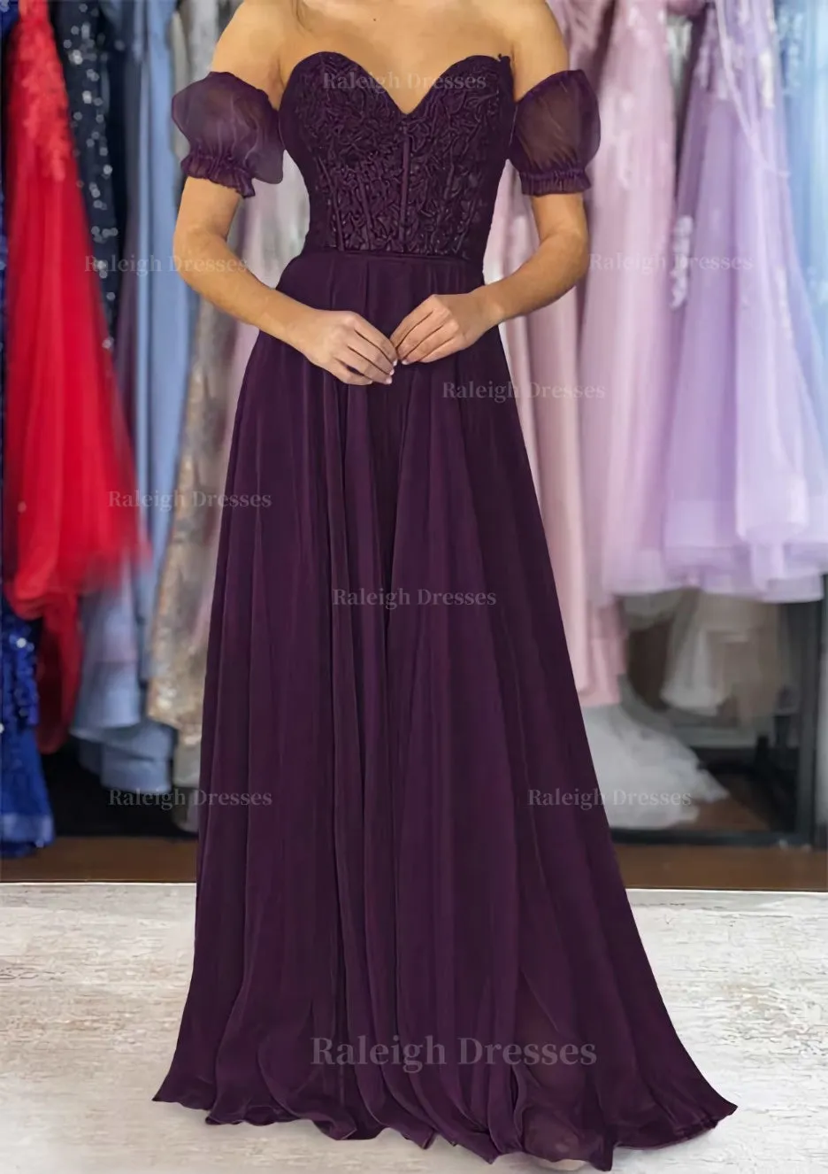 A-line Sweetheart Strapless Long/Floor-Length Chiffon Prom Dress with Detachable Balloon Sleeves