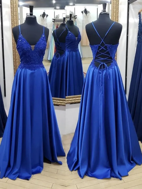 A Line V Neck Backless Long Blue Lace Prom, Backless Blue Lace Formal Graduation Evening