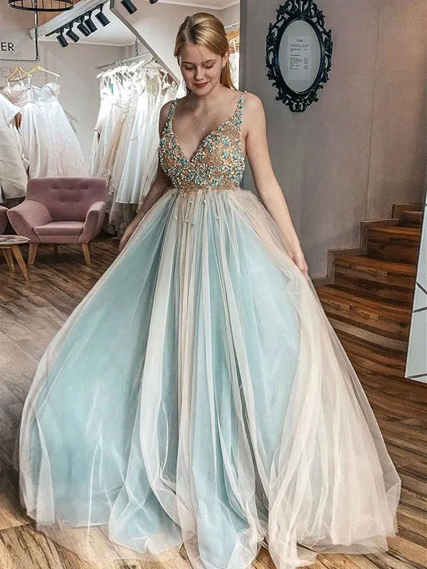 A-Line V Neck Beading Prom Dresses Vintage Tulle Evening Dress ER2017