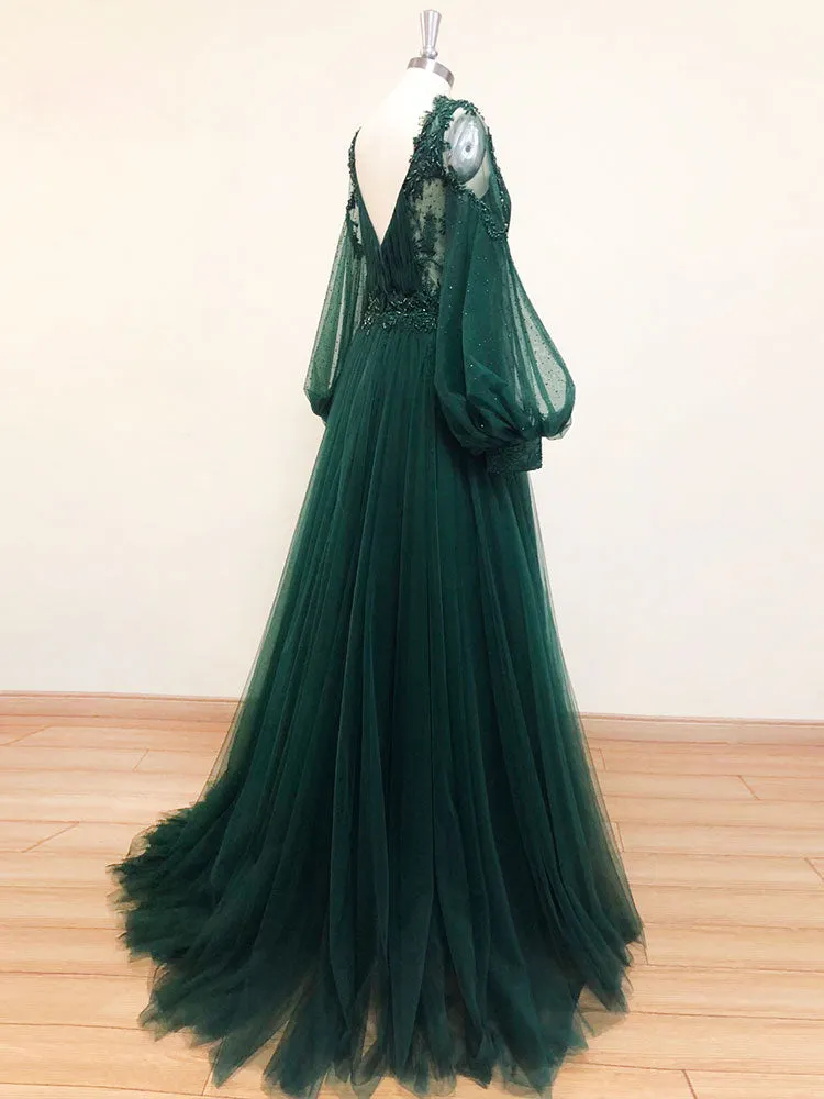 A-Line V Neck Tulle Lace Green Long Prom Dress, Green Formal Evening Dresses