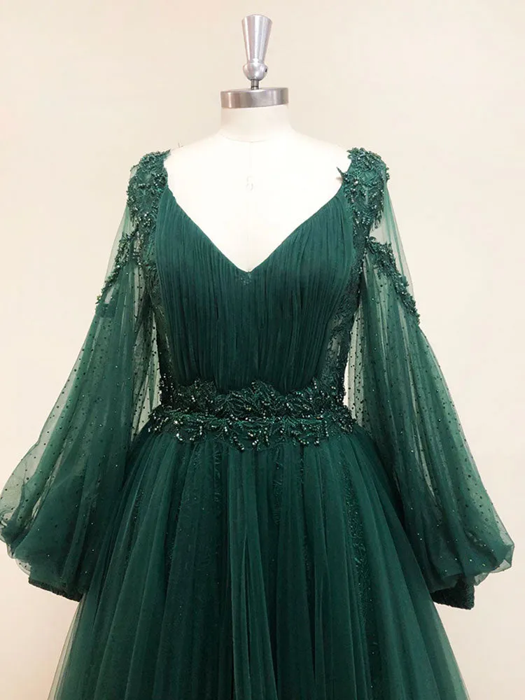 A-Line V Neck Tulle Lace Green Long Prom Dress, Green Formal Evening Dresses