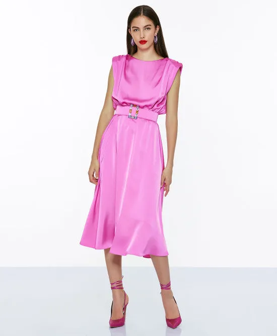 Access Pink Pink Midi Satin Dress With Belt