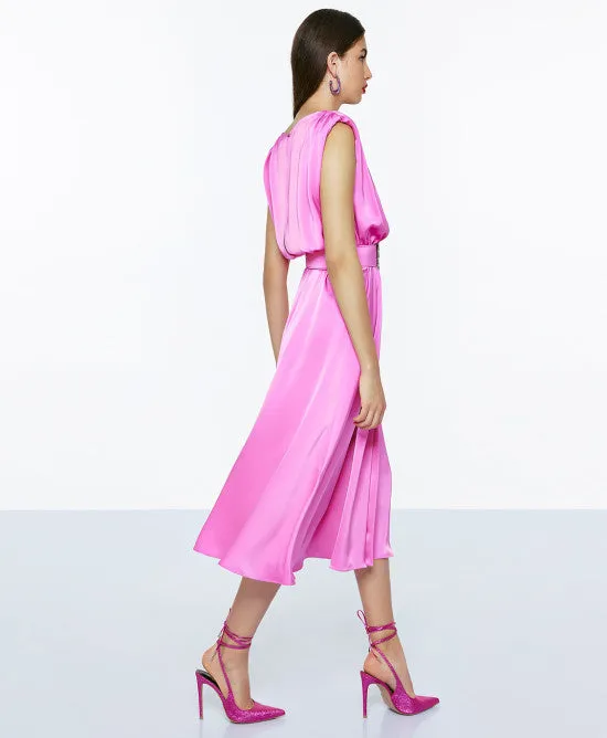 Access Pink Pink Midi Satin Dress With Belt