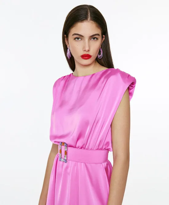 Access Pink Pink Midi Satin Dress With Belt