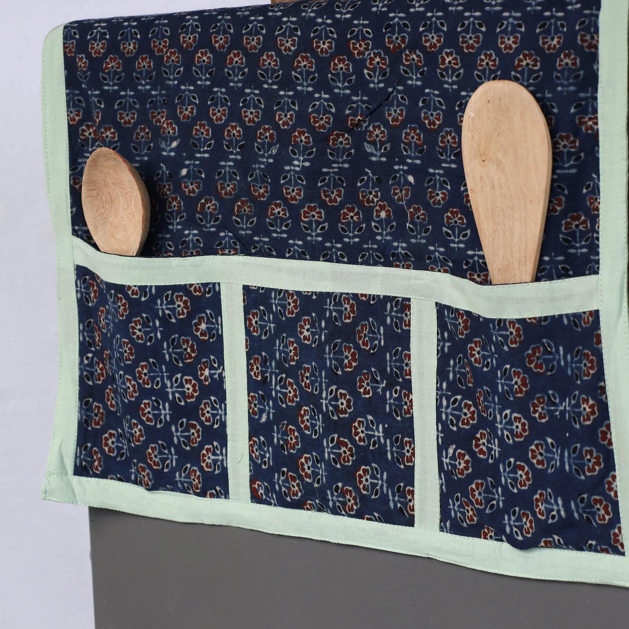 Ajrakh Block Printed Cotton Fridge Top Cover with Multiple Pockets