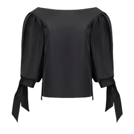 Alex Boat Neck Taffeta Puff Sleeve Blouse - Black