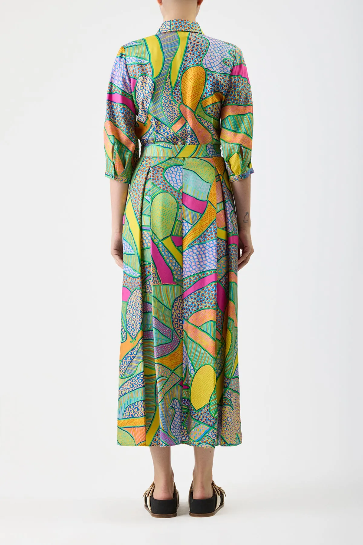 Andy Pleated Shirtdress in Green Multi Printed Silk Twill