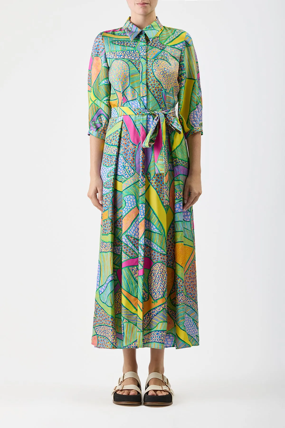 Andy Pleated Shirtdress in Green Multi Printed Silk Twill