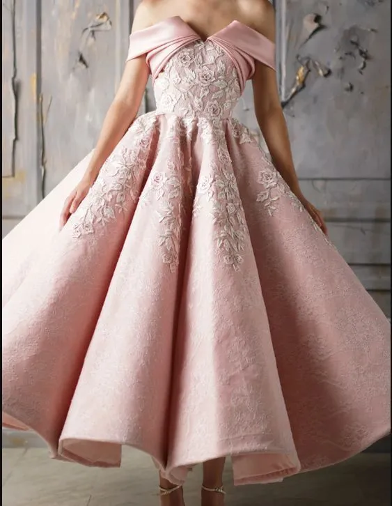 arabic prom dresses ball gown pink lace short sleeve elegant appliqué prom gown 2021