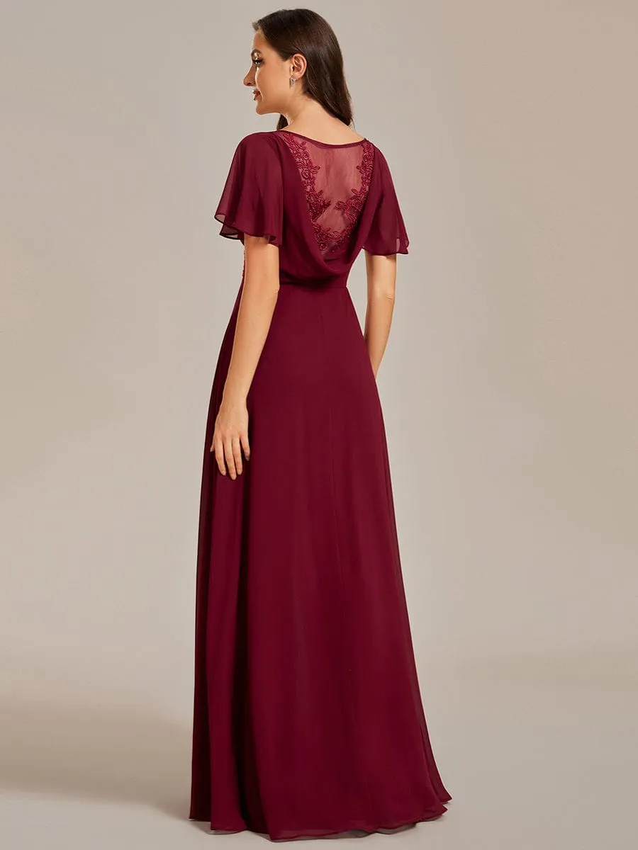 Back See-Through Swing Collar Applique Ruffles Sleeve A-Line Evening Dress