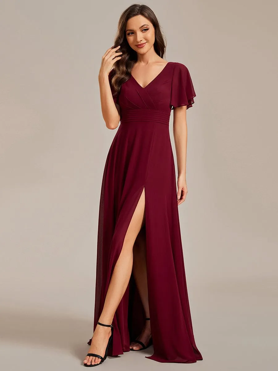 Back See-Through Swing Collar Applique Ruffles Sleeve A-Line Evening Dress