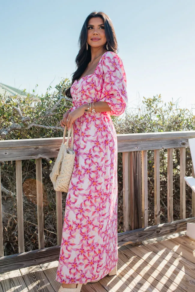 Back To Fun Pink Floral Square Neck Midi Dress FINAL SALE