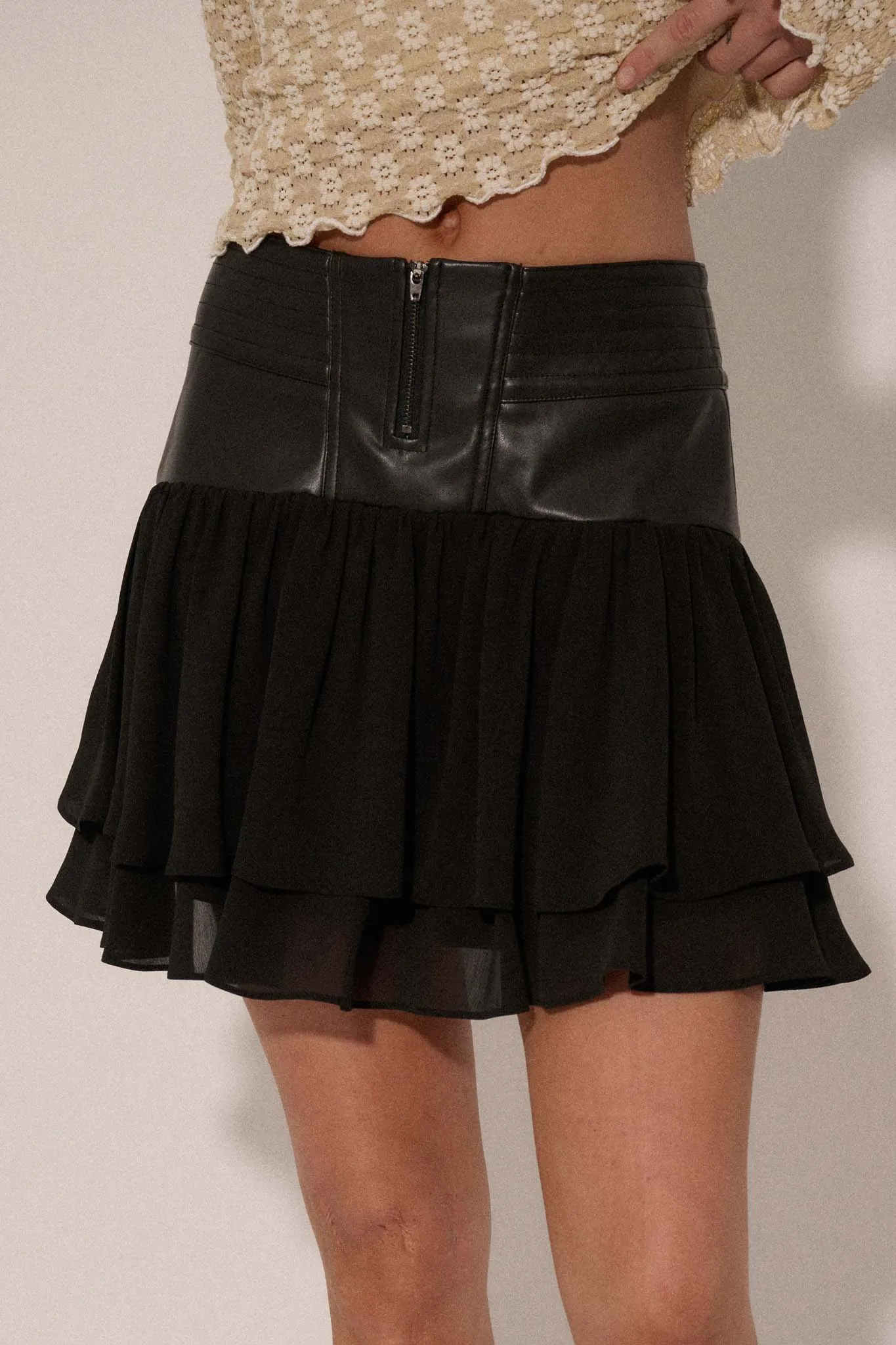 Bad Girl Vegan Leather and Chiffon Mini Skirt