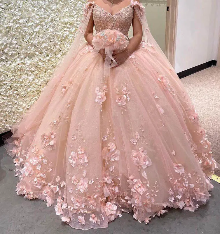 Ball Gown Pink 3D Flowers Off The Shoulder Quinceanera Dresses, Sweet 16 Dresses SH552