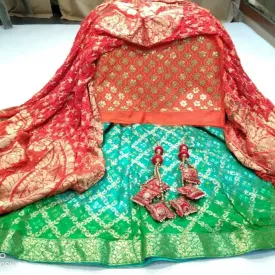 Banarasi Bandhani Lehenga In Skyblue Green And Red