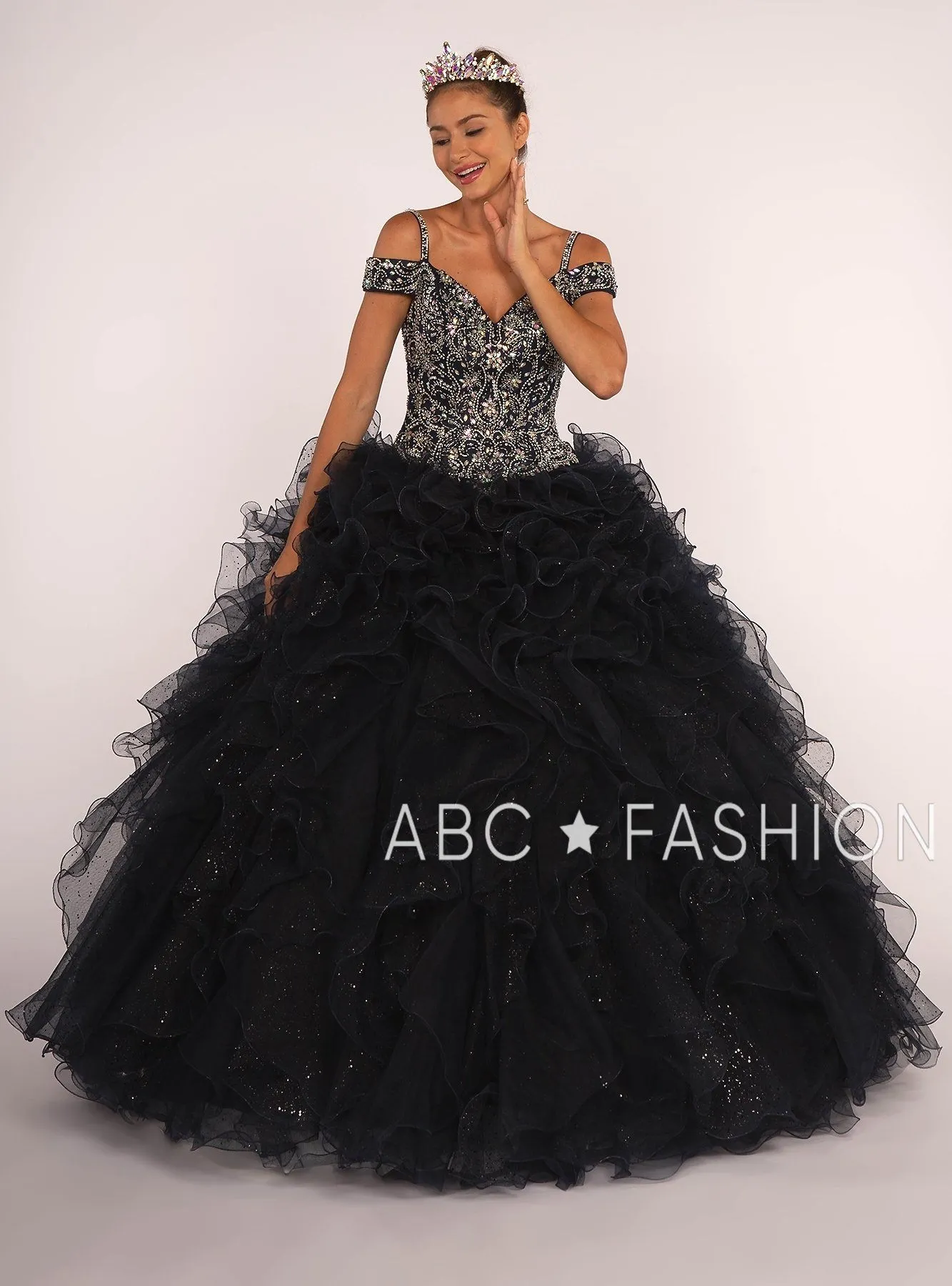 Beaded Cold Shoulder Ball Gown with Ruffled Skirt by Elizabeth K GL2516