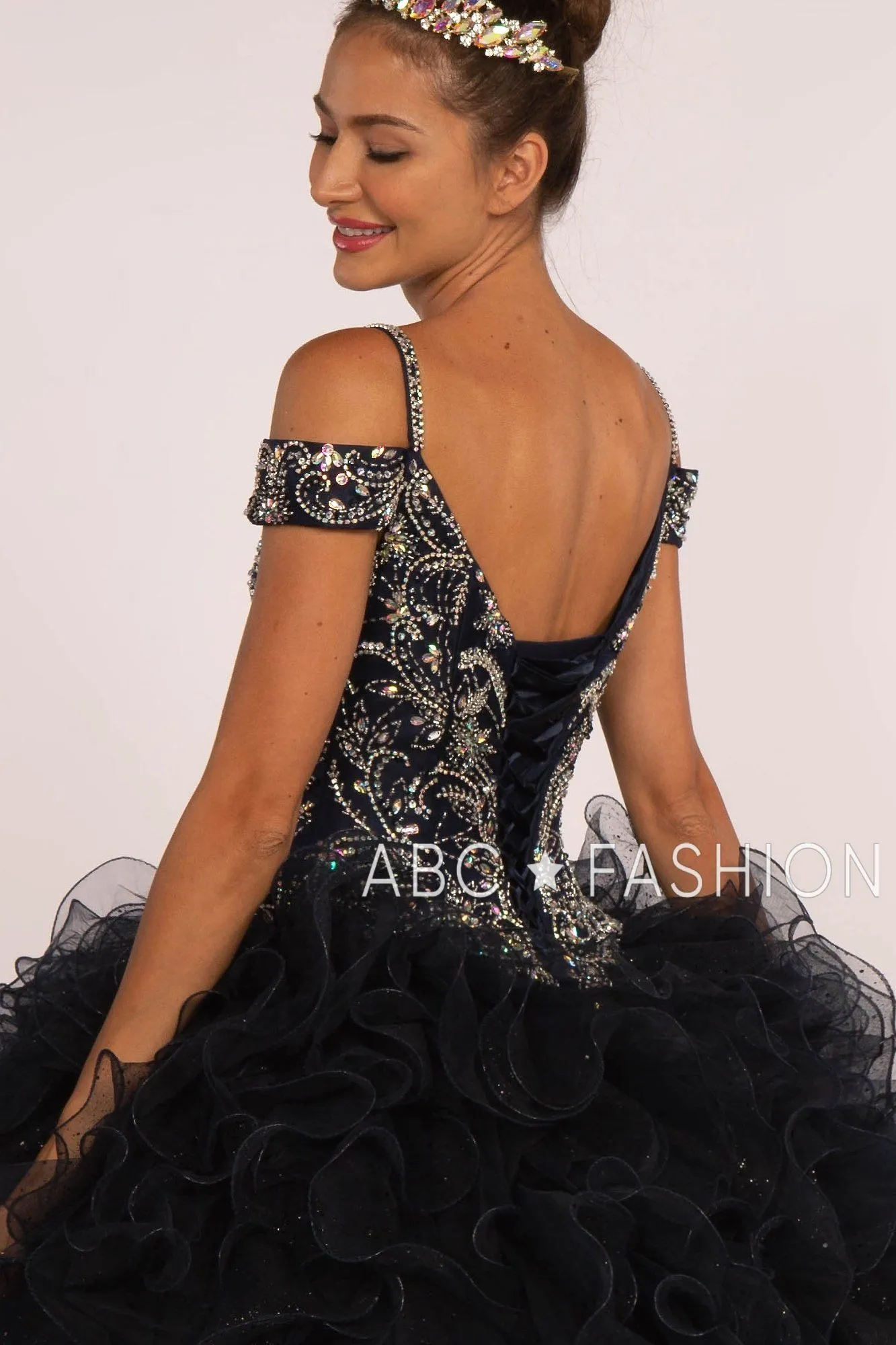 Beaded Cold Shoulder Ball Gown with Ruffled Skirt by Elizabeth K GL2516