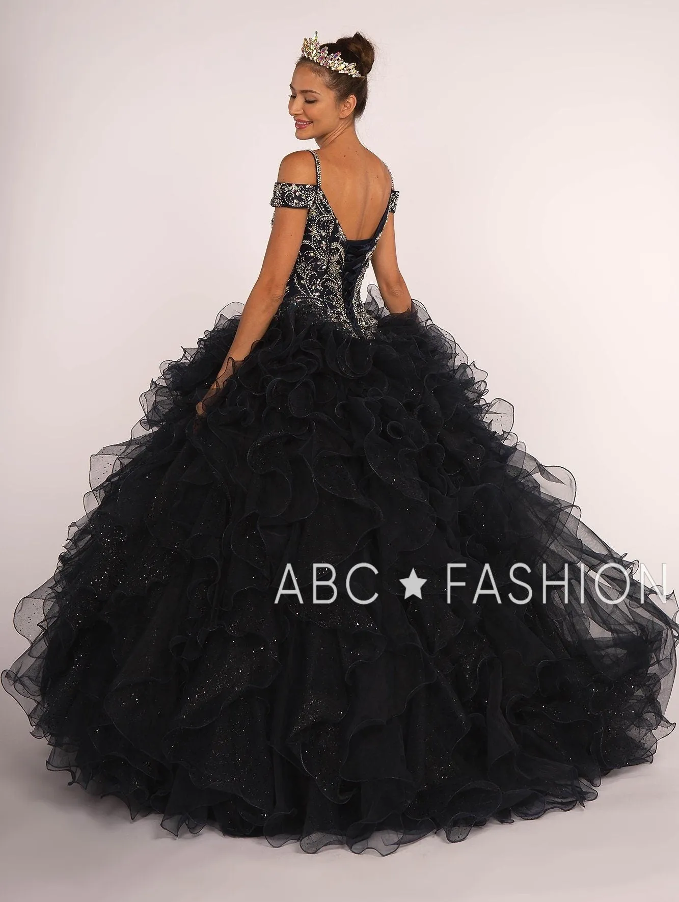 Beaded Cold Shoulder Ball Gown with Ruffled Skirt by Elizabeth K GL2516