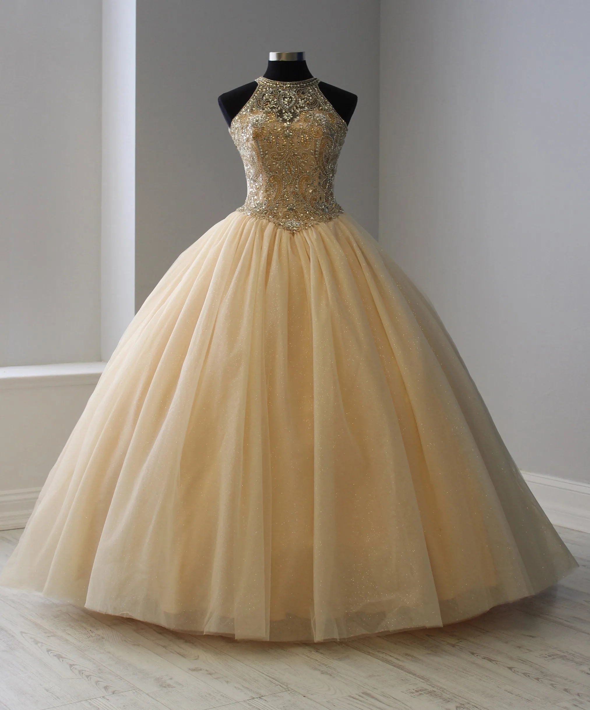 Beaded Halter Tulle Quinceanera Dress by House of Wu 26914