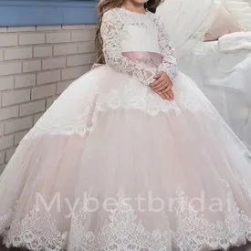 BeautifuI Long sleeves A Line Lace applique Flower Girl Dresses, FGS0038