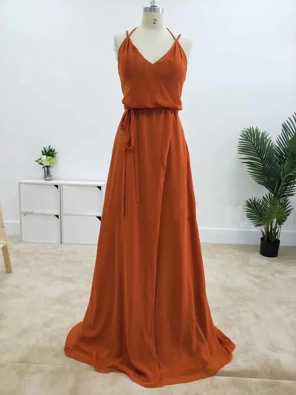 Beautiful A-line V-neck Spaghetti Straps Bridesmaid Dresses With Side Slit, BD122