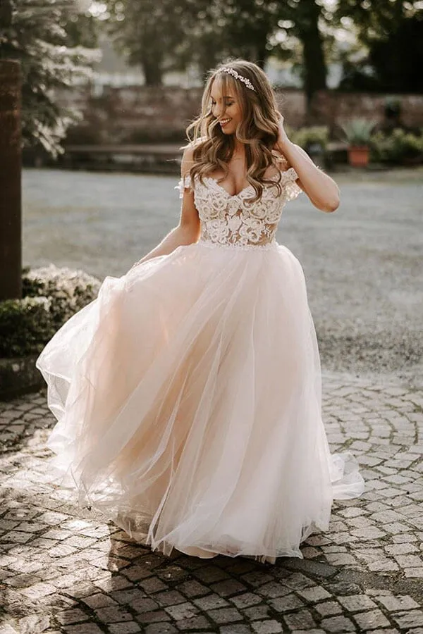 Beautiful Tulle A-line Cap Sleeves Wedding Dresses With Appliques, SW422