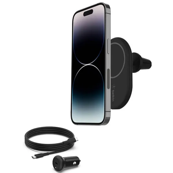 BELKIN BOOSTCHARGE Magnetic Wireless Car Charger for Apple iPhone 14/13/12. Includes 20W USB-C PD 3.0 Car power supply   1.2m USB-C cable