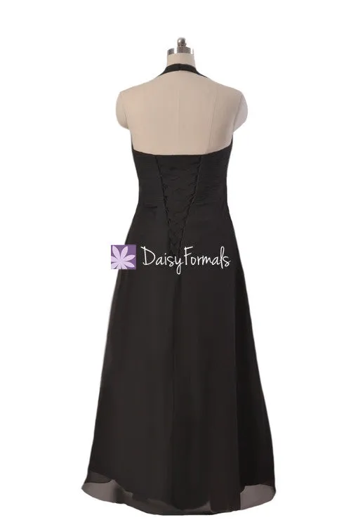 Black Chiffon Dress Long Halter Chiffon Evening Dress Women Party Dress (BM414)