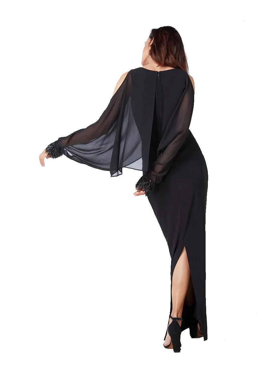 Black Embellished Cuff Cold Shoulder Gown