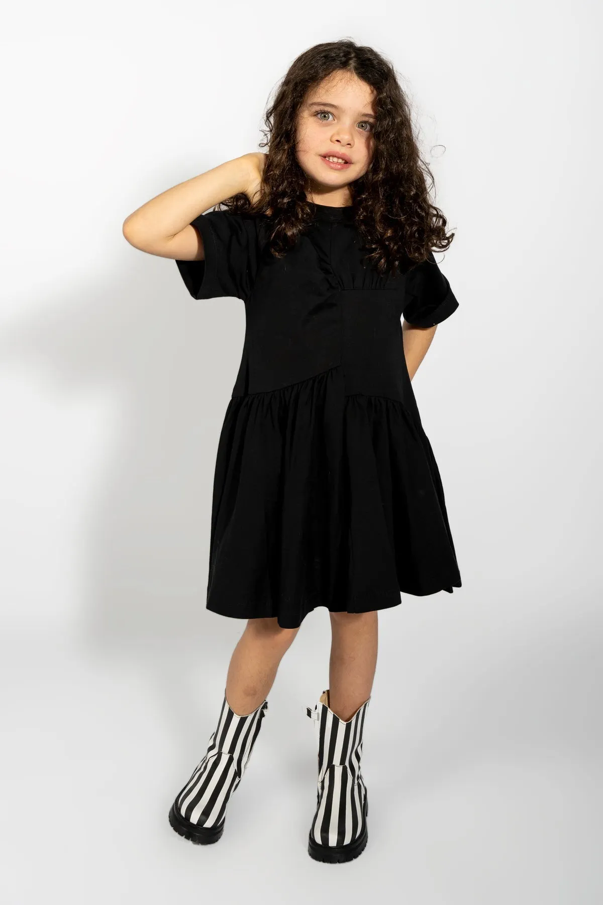 BLACK GATHERED JERSEY T-SHIRT DRESS