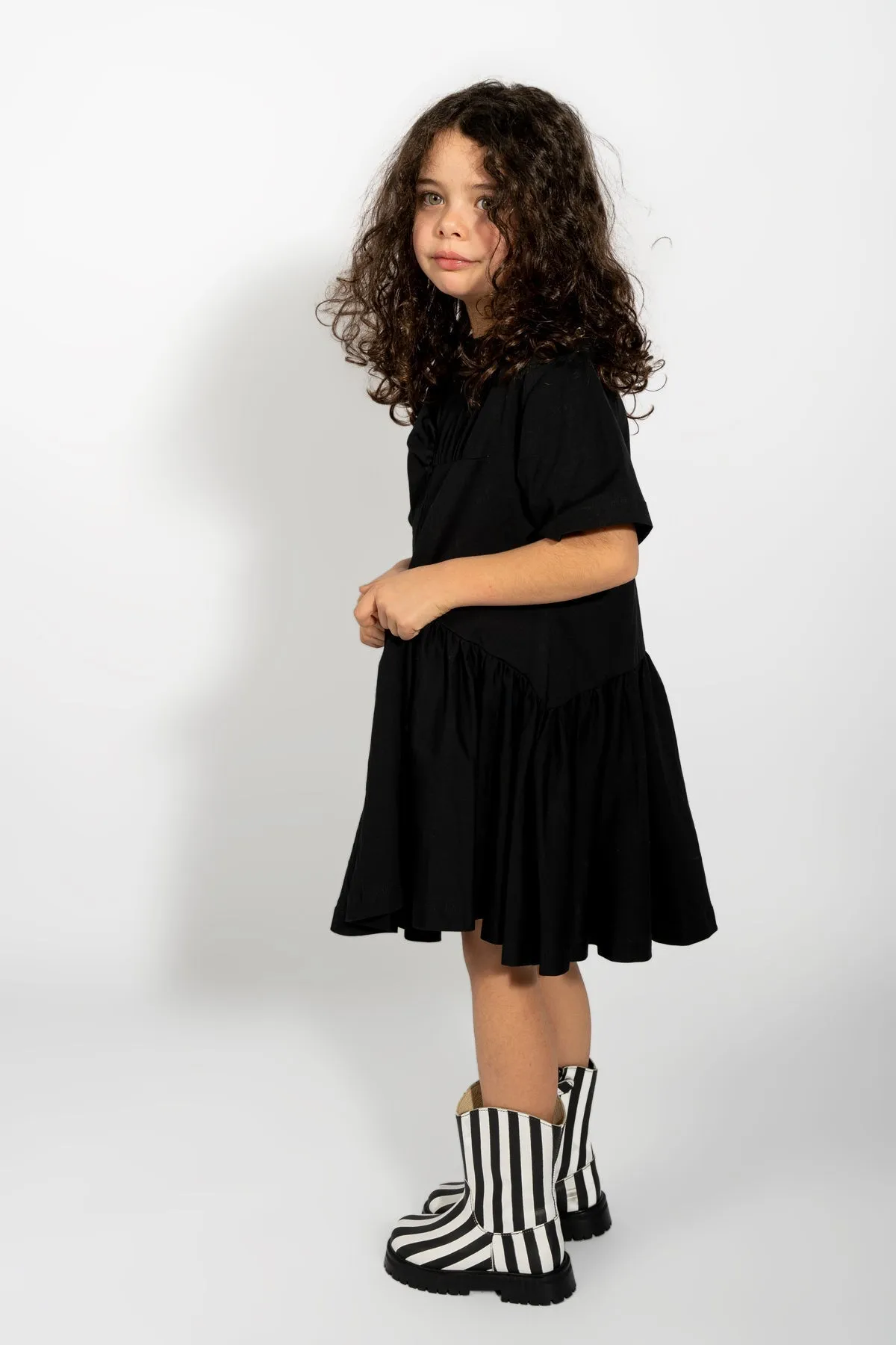 BLACK GATHERED JERSEY T-SHIRT DRESS