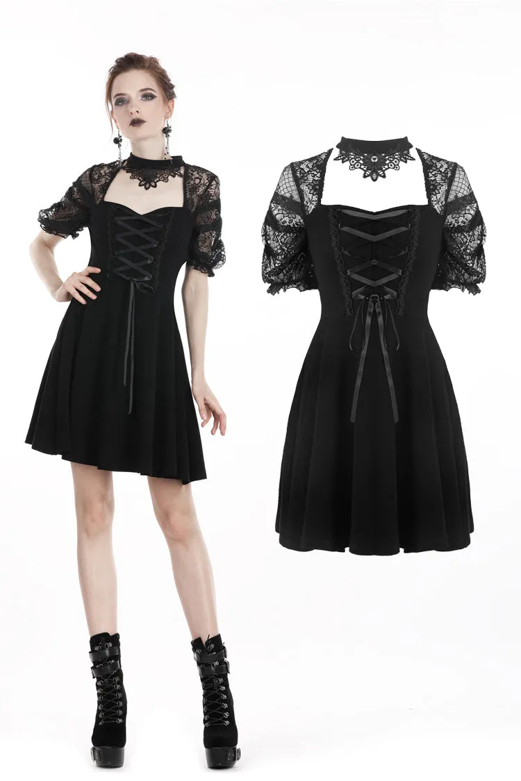 Black lolita lace up halter dress with necklace design DW298