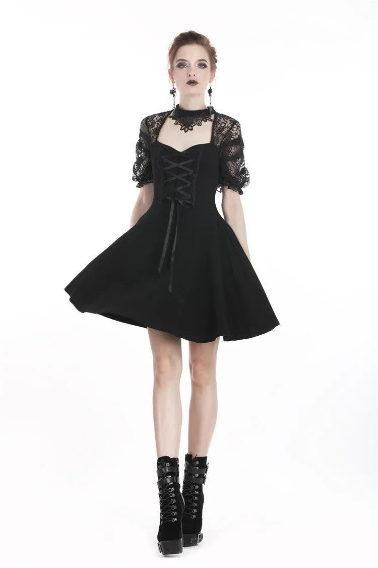 Black lolita lace up halter dress with necklace design DW298