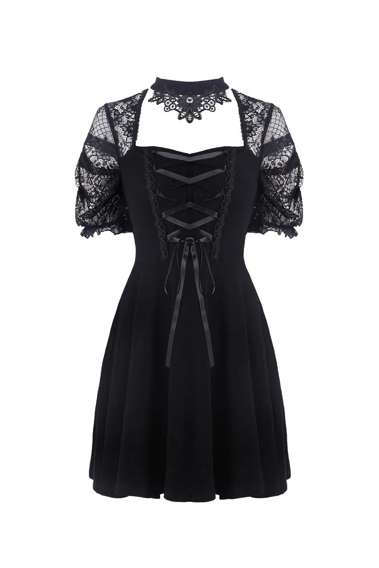 Black lolita lace up halter dress with necklace design DW298