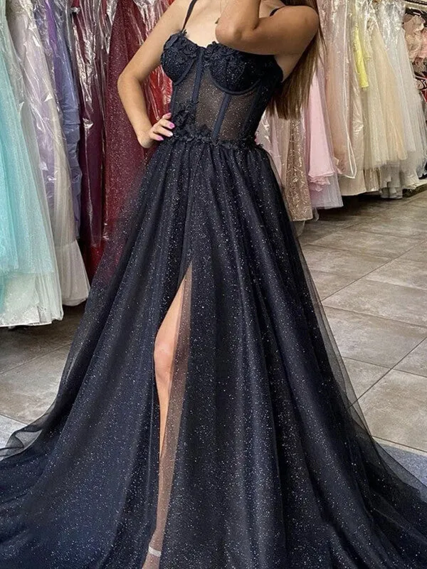 Black Tulle A-line Sweetheart Long Prom Dresses With Slit, Evening Dresses, SP791