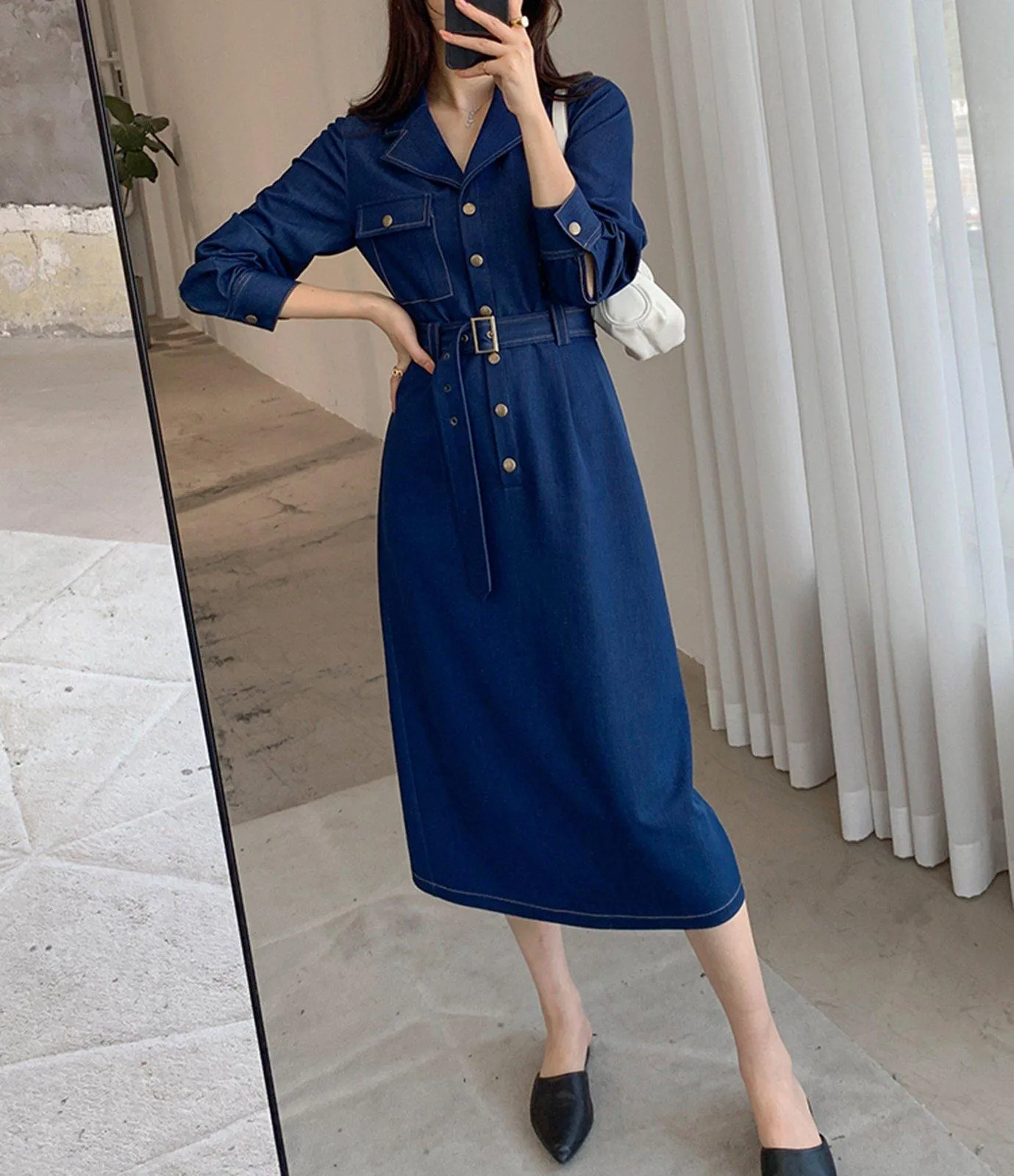 Blue Denim Belted Button Long Sleeve Dress