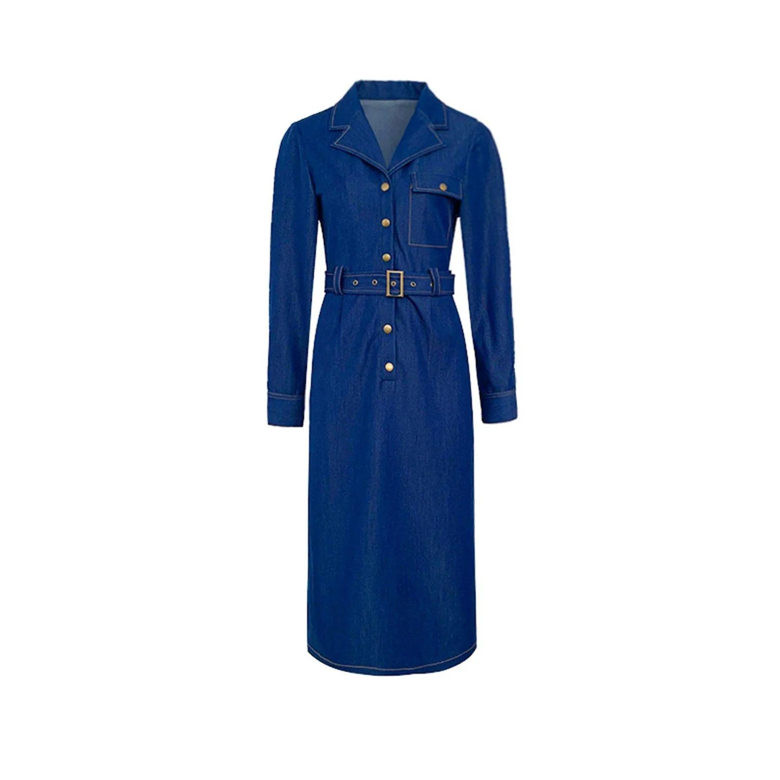 Blue Denim Belted Button Long Sleeve Dress