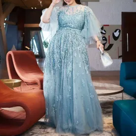 blue lace prom dresses 2020 arabic plus size beaded appliqué elegant prom gown 2021 abendkleider