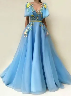 blue short sleeve prom dresses long lace appliqué beaded elegant tulle prom gown robe de soiree