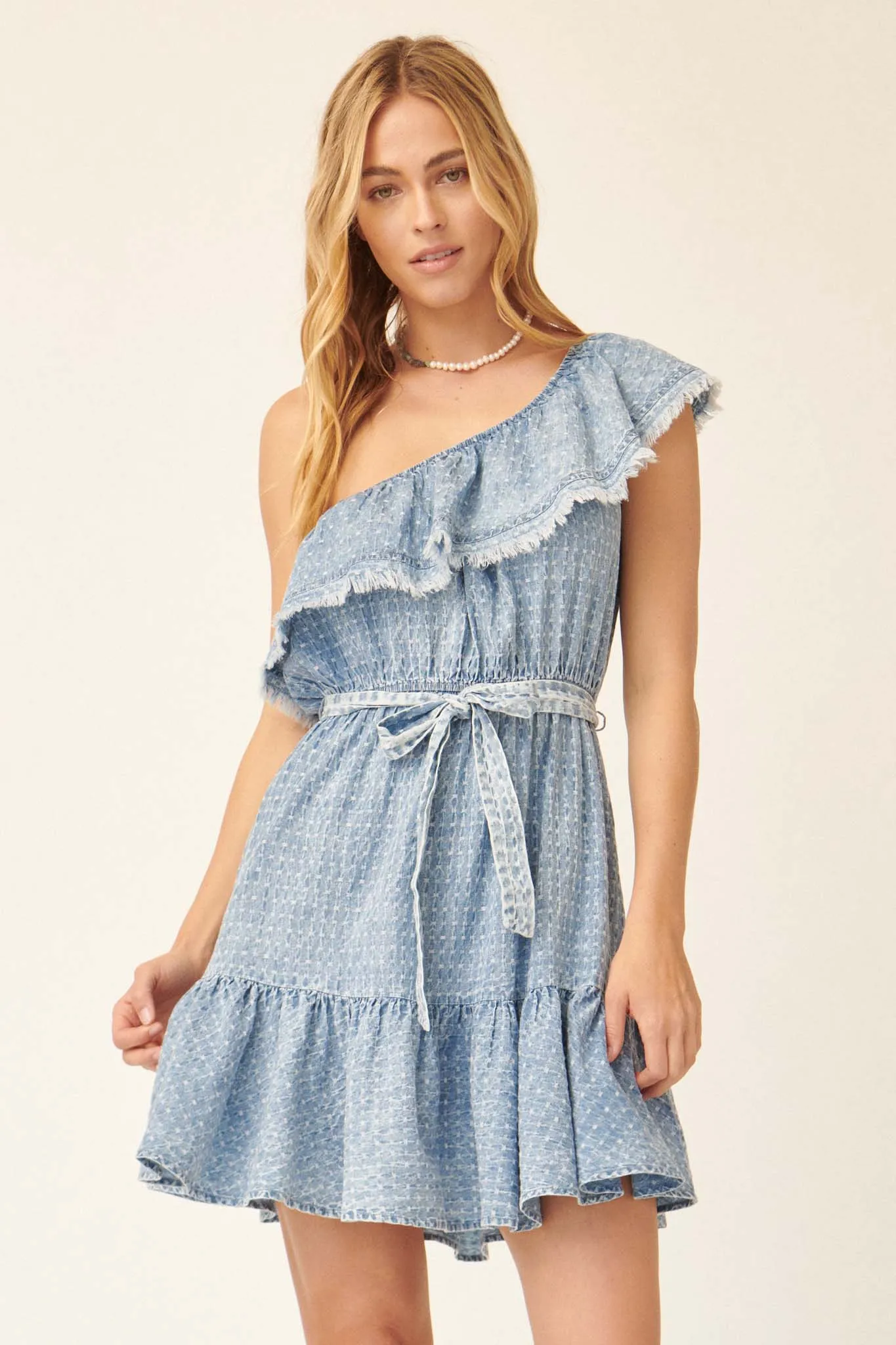 Blue Skies Ruffled One-Shoulder Denim Mini Dress