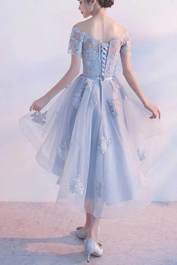 Blue Tulle Lace A-line High Low Homecoming Dresses, Short Prom Dresses, SH570